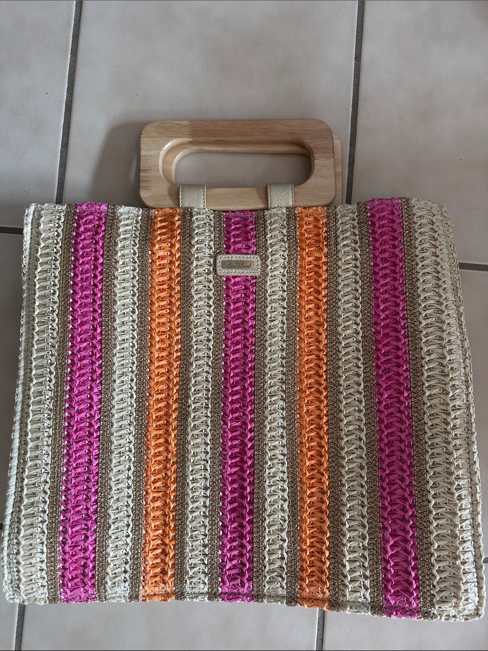 Striped Woven Tote with Pink & Orange Accents and Wooden Handles